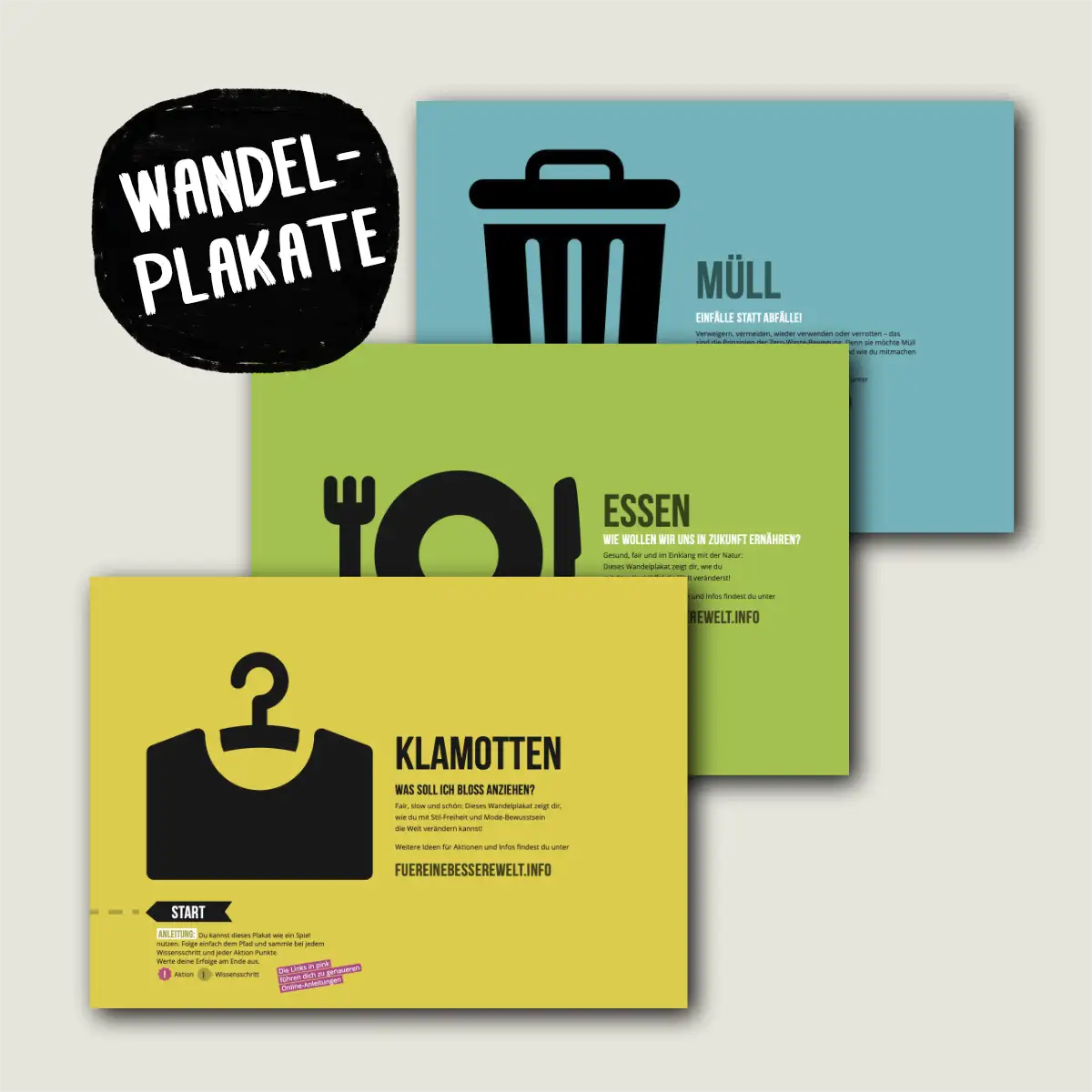 3 Wandelplakate: Essen, Müll und Klamotten