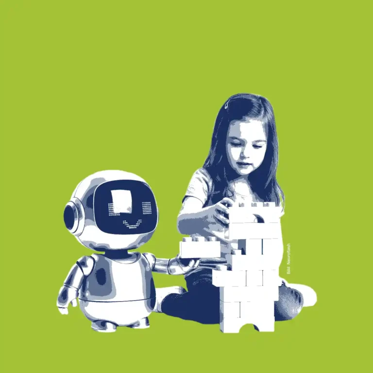 Ethische KI. Eine Roboter hilft einem kleinen Mädchen beim Bauklötzebauen und nimmt ihm die Entscheidung ab.