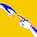 Good Rebels & KI. Eine Roboterhand und eine menschliche Hand berühren sich fast. Wie in "Die Erschaffung Adams", dem berühmten Fresko von Michelangelo