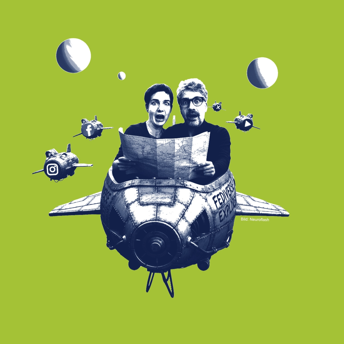 Ilona und Marek fliehen in ihrem kleinem Raumschiff vor den Big-Tech-Jägern.