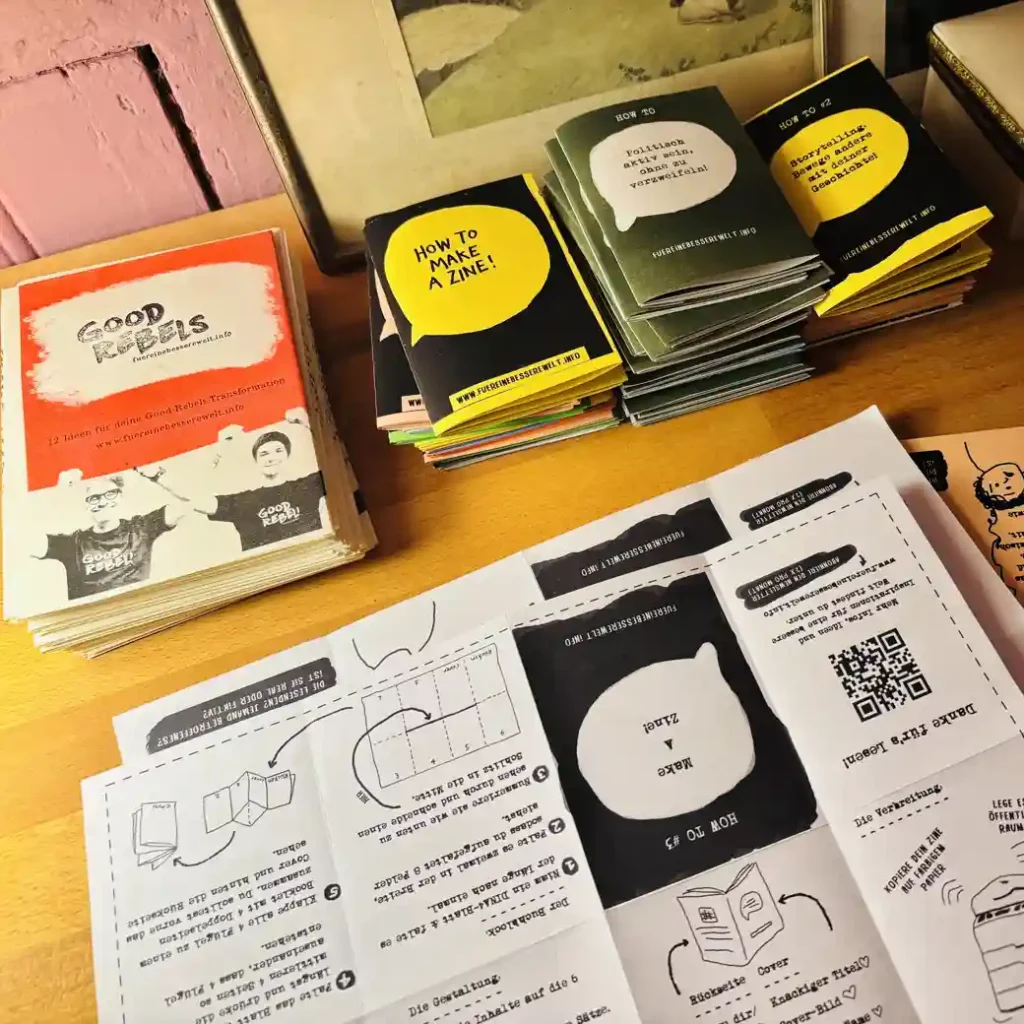 Ein Schreibtisch mit mehren Stapeln Zines